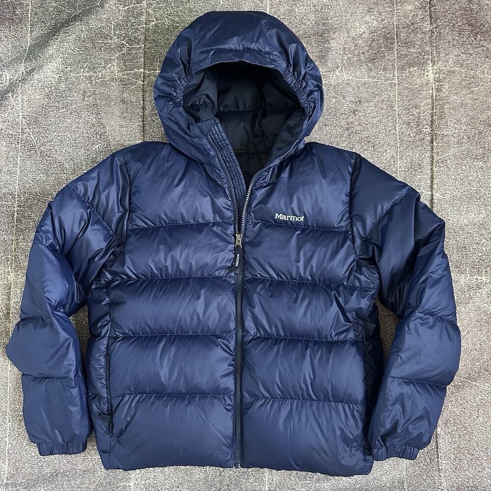 Boys Marmot Navy Blue Guides 700 Down Full Zip Up Hoody Puffer Coat Jacket Sz XL
